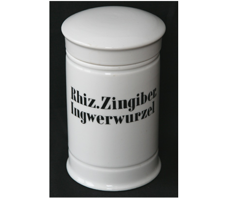 Apothekengefäß "Rhiz. Zingiber. Ingwerwurzel", Porzellan, mittelgroß, 20. Jahrhundert