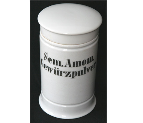 Apothekengefäß "Sem. Amom. Gewürzpulver", Porzellan, 20. Jahrhundert
