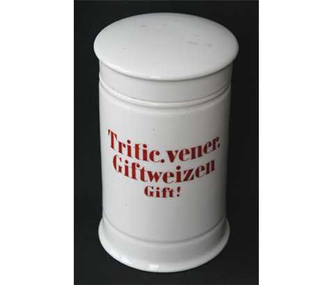 Apothekengefäß "Tritic. vener. Giftweizen Gift!", Porzellan, mittelgroß, 20. Jahrhundert