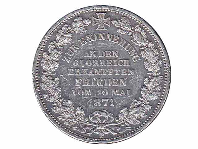 Münze Freie Hansestadt Bremen. Ein Thaler Gold. Zur Erinnerung an den glorreich erkämpften Frieden vom 10 Mai 1871. Silber. Rückseite