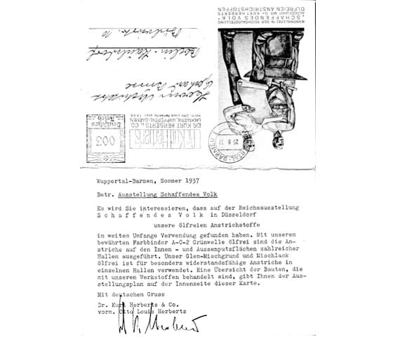 Historisches Dokument: Postkarte Lackfabrik Kurt Herberts, Wuppertal-Barmen mit Unterschrift von Dr. Kurt Herberts