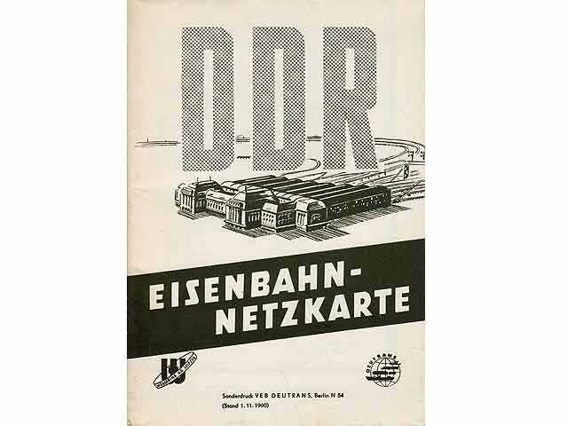 DDR Eisenbahn-Netzkarte. Hrsg. VEB DEUTRANS Internationale Spedition und Befrachtung. Zentrale: Berlin N54 Brunnenstraße 188-190. Übersichtkarte vom Verkehrsnetz der gesamten Eisenbahnlinien der DDR