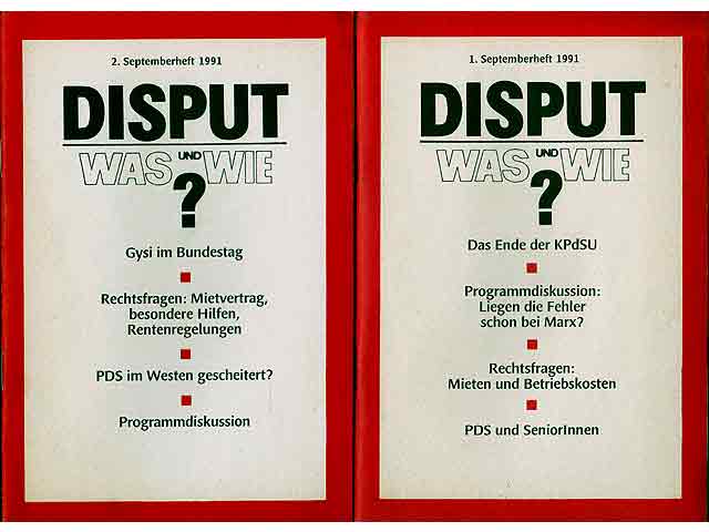 Sammlung „DISPUT. Was und wie?“ 21 geklammerte Hefte. Zeitschrift der Partei des Demokratischen Sozialismus (PDS). Vom 2. Februarheft/1991 bis 1. Februarheft/1992 (nicht komplett)