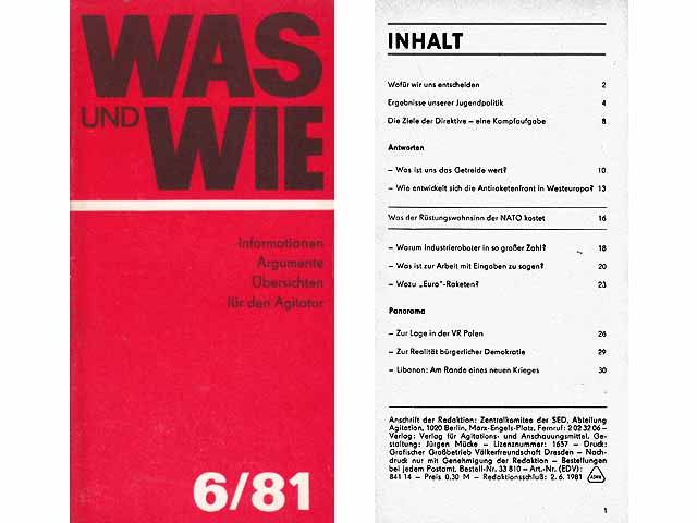 Sammlung „Was und Wie – Informationen, Argumente, Übersichten für den Agitator“. Hrsg. Zentralkomitee der SED. Hefte von 3 Jahrgängen/21 Hefte. 