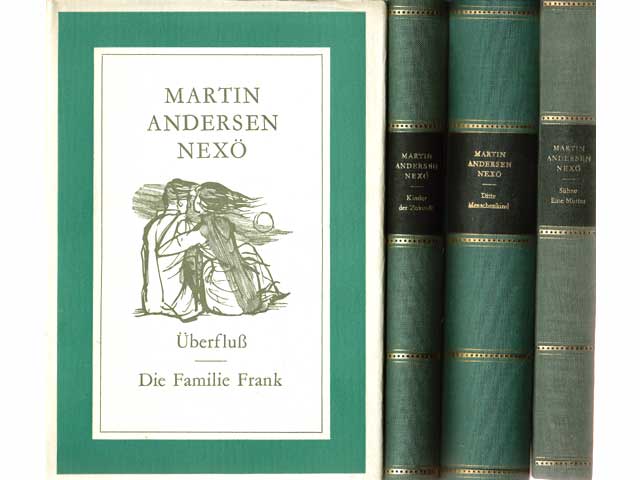 Konvolut "Martin Andersen Nexö, Gesammelte Werke in Einzelausgaben, grüner Leinen-Einband". 4 Titel (3 Bücher + Beilage). 